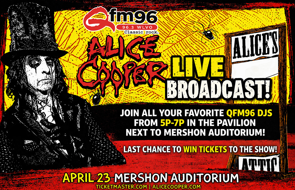 Bright yellow and red concert poster with a sepia Alice Cooper portrait on the left, bold black and white text announcing a live broadcast at Mershon Auditorium on April 23.