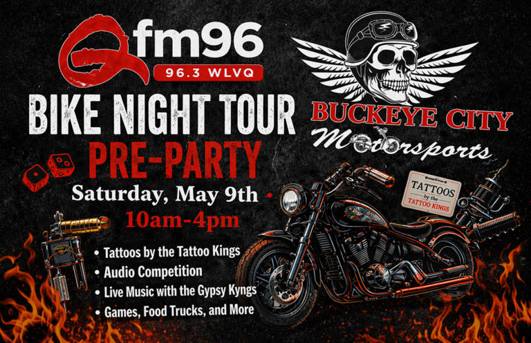 Event poster for fm96 Buckeye City Motorsports Bike Night Tour Pre-Party on Saturday May 9, 10am–4pm, featuring a custom motorcycle and flames.