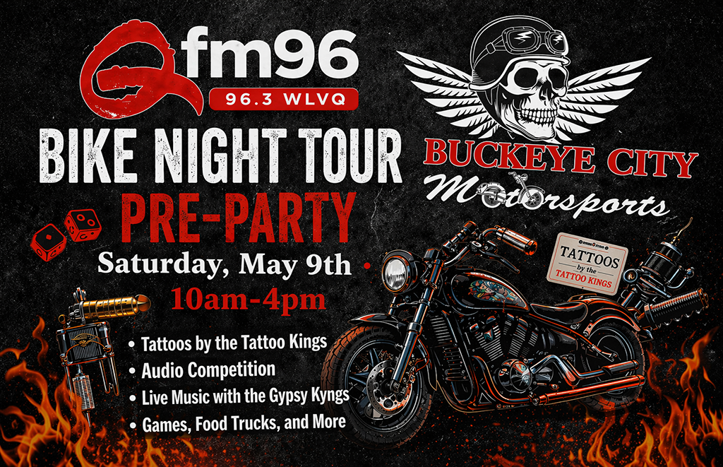 Event poster for fm96 Buckeye City Motorsports Bike Night Tour Pre-Party on Saturday May 9, 10am–4pm, featuring a custom motorcycle and flames.