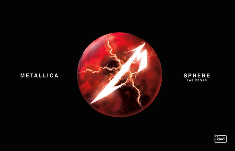 Promotional banner for Metallica: Sphere Las Vegas, featuring a red glowing orb with a white jagged slash and lightning, against a black background with Metallica on the left and Sphere Las Vegas on the right.