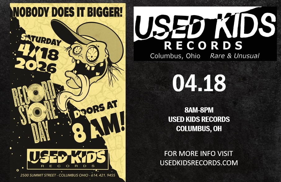 Split promotional posters: left a yellow zombie-themed flyer for Record Store Day at Used Kids Records with doors at 8 AM, street and contact info; right a black flyer from Used Kids Records announcing 04.18, 8AM–8PM in Columbus, OH with the website for more info.