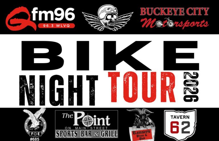 Poster for Bike Night Tour 2026 with sponsor logos, including fm96, Buckeye City Motorsports, The Point, Ramsey's, and Tavern 62.