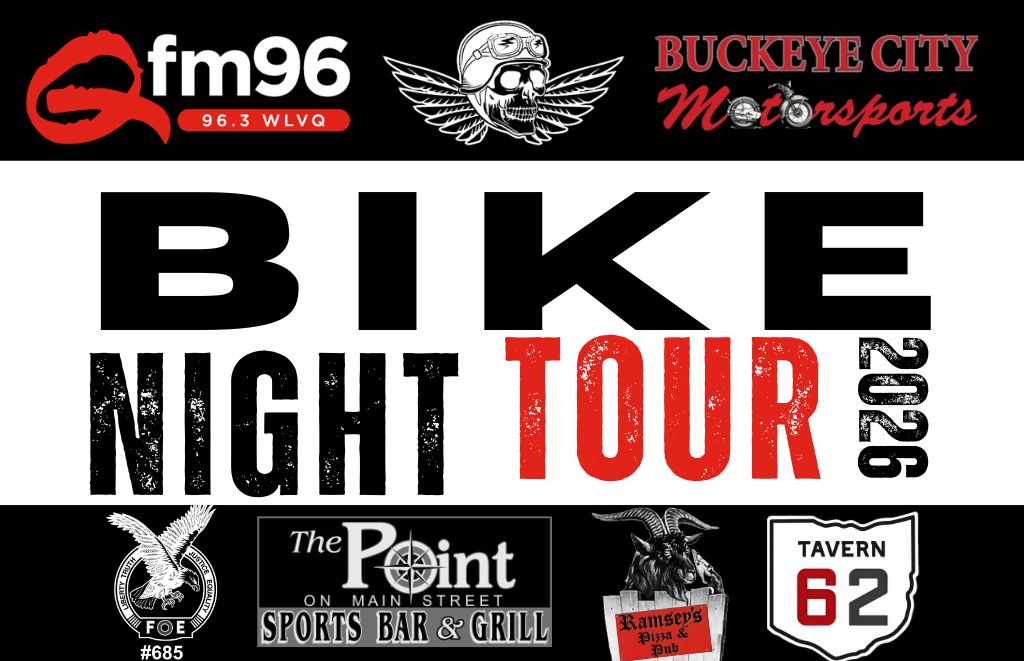 Poster for Bike Night Tour 2026 with sponsor logos, including fm96, Buckeye City Motorsports, The Point, Ramsey's, and Tavern 62.