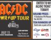 AC/DC PW/R UP TOUR poster on a dark background announcing July 15 at Ohio Stadium with Ticketmaster info on the left; contest panel on the right.