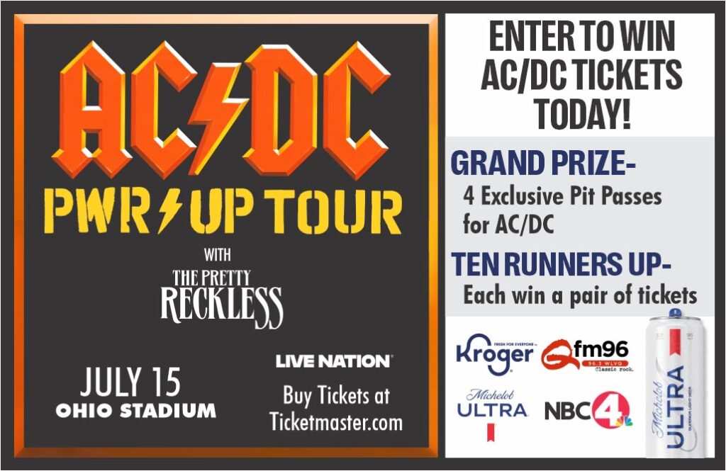 AC/DC PW/R UP TOUR poster on a dark background announcing July 15 at Ohio Stadium with Ticketmaster info on the left; contest panel on the right.