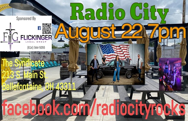 Promotional poster for 'Radio City Rocks' with band photos, advertising August 22 at 7pm at The Syndicate, 213 S Main St, Bellefontaine OH, plus sponsor logos and facebook.com/radiocityrocks.