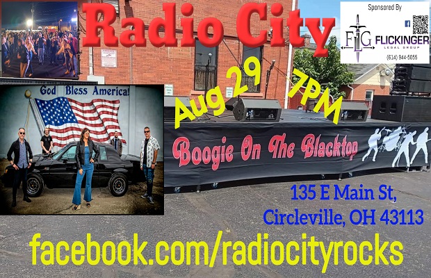 Promo collage advertising Radio City Rocks concert: Boogie On The Blacktop banner, Aug 29 at 7 PM in Circleville, OH, with Facebook link.