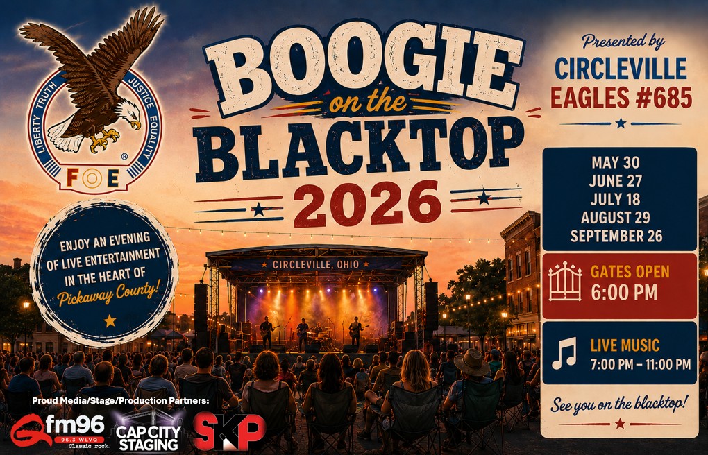 Promotional poster for Boogie on the Blacktop 2026 in Circleville, featuring a live stage with band, bold title 'Boogie on the Blacktop 2026', event dates, gate time 6:00 PM, live music 7:00–11:00 PM, and sponsor logos.