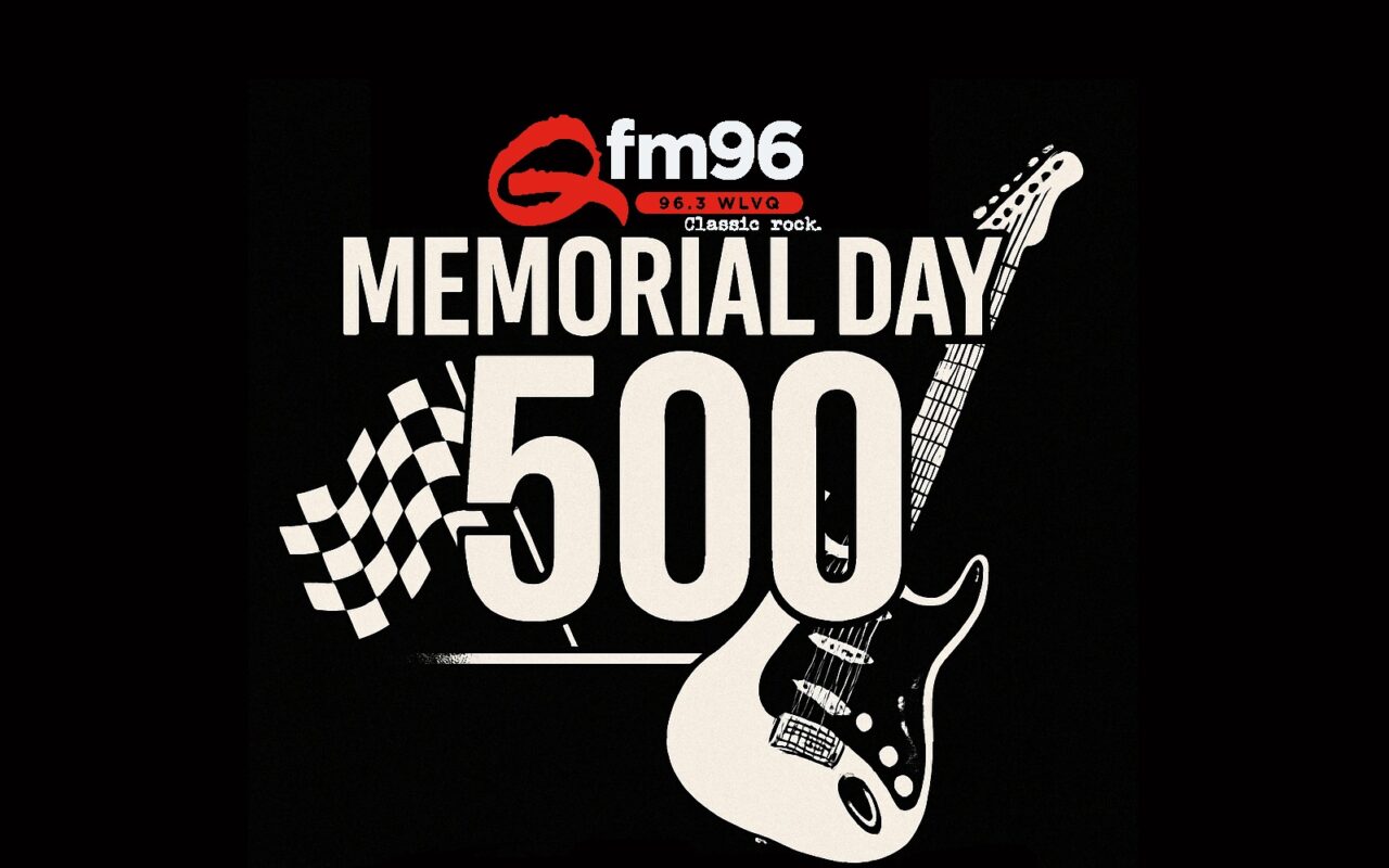 Promo poster for Memorial Day 500 by fm96 featuring a white electric guitar, a checkerboard flag motif, and bold white text on a black background.