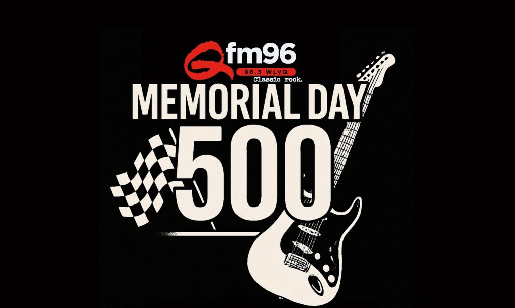 Promo poster for Memorial Day 500 by fm96 featuring a white electric guitar, a checkerboard flag motif, and bold white text on a black background.
