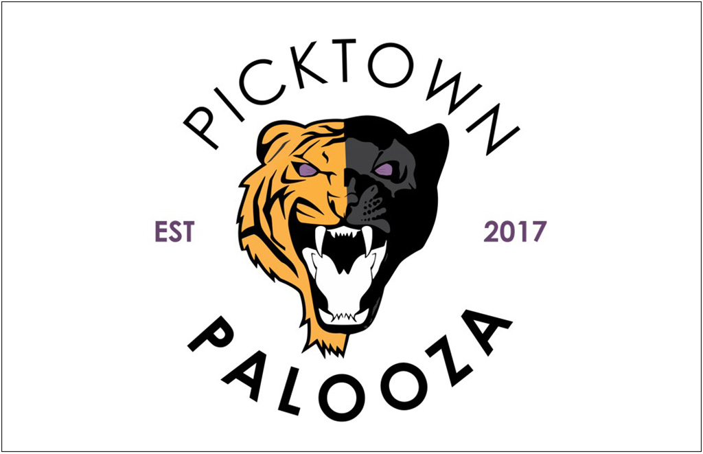 Logo for Picktown Palooza featuring a split orange and black tiger head with EST 2017 surrounding text.
