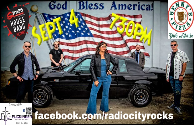 Event poster for a rock band (FM96 House Band Alumni) with five musicians beside a black car in front of an American flag backdrop; date Sept 4, 7:30 PM; links show facebook.com/radiocityrocks and Bennys Pizza logo in corner.