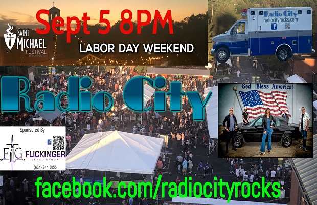 Event poster collage for Radio City at Saint Michael Festival: Sept 5 at 8PM, Labor Day Weekend, with crowd scene and Facebook URL shown.