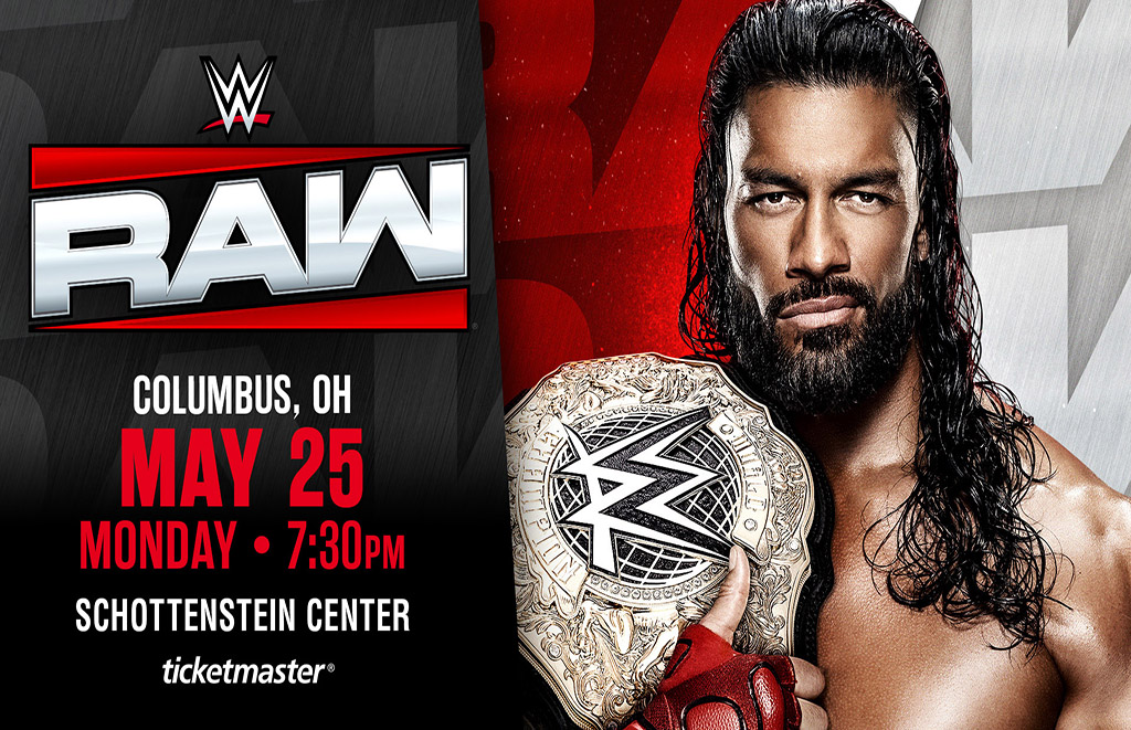 WWE Raw poster with a wrestler holding the championship belt; Columbus, OH, May 25, 7:30 PM at Schottenstein Center.