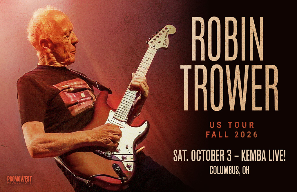 Poster for Robin Trower’s US Tour Fall 2026 featuring a guitarist playing a red Fender Strat on stage; includes date and Columbus, OH venue text.