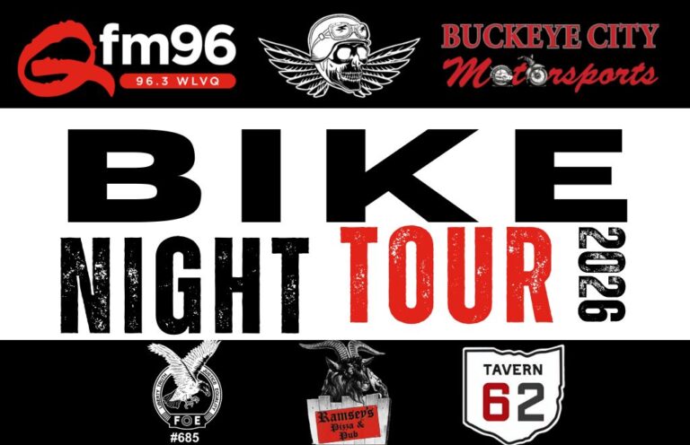 Poster announcing Bike Night Tour 2026 with sponsor logos (FM96, Buckeye City Motorsports) and bold black 'BIKE NIGHT' with red 'TOUR 2026' text.