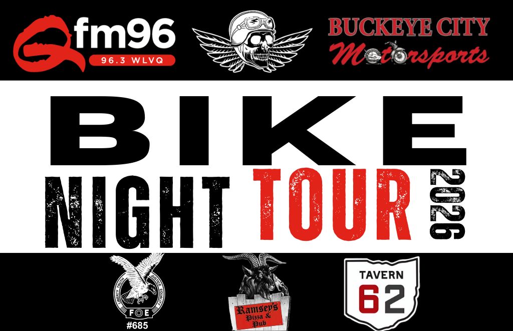 Poster announcing Bike Night Tour 2026 with sponsor logos (FM96, Buckeye City Motorsports) and bold black 'BIKE NIGHT' with red 'TOUR 2026' text.