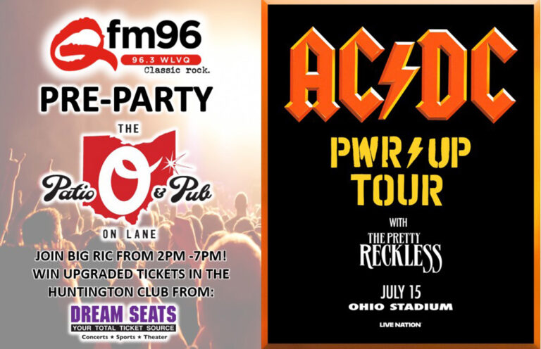 Collage poster promoting FM96 pre-party (Patio & Pub, on Lane) and AC/DC Power Up Tour with The Pretty Reckless at Ohio Stadium.