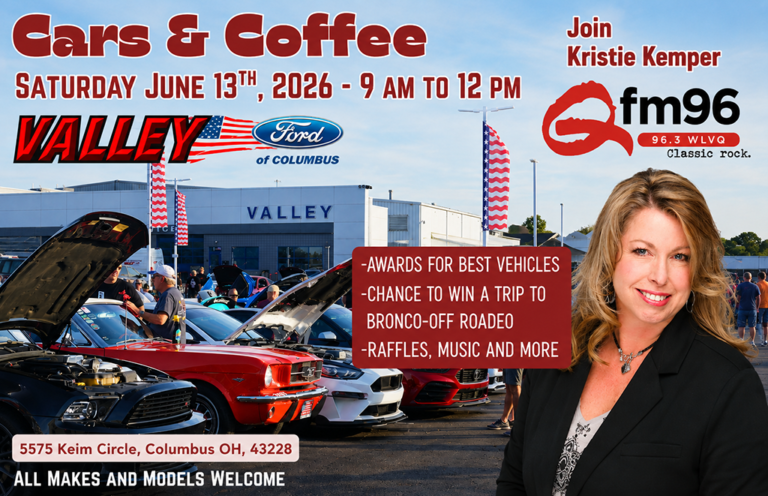Promotional banner for Cars & Coffee event at Valley Ford of Columbus, June 13, 2026, 9 AM–12 PM, all makes and models welcome.
