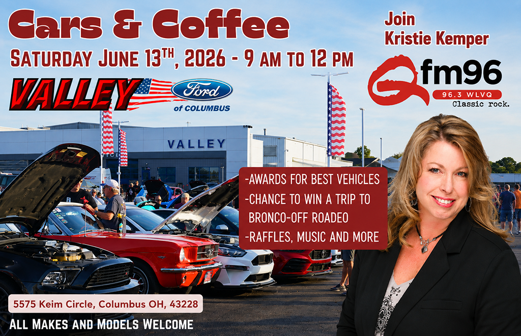Promotional banner for Cars & Coffee event at Valley Ford of Columbus, June 13, 2026, 9 AM–12 PM, all makes and models welcome.