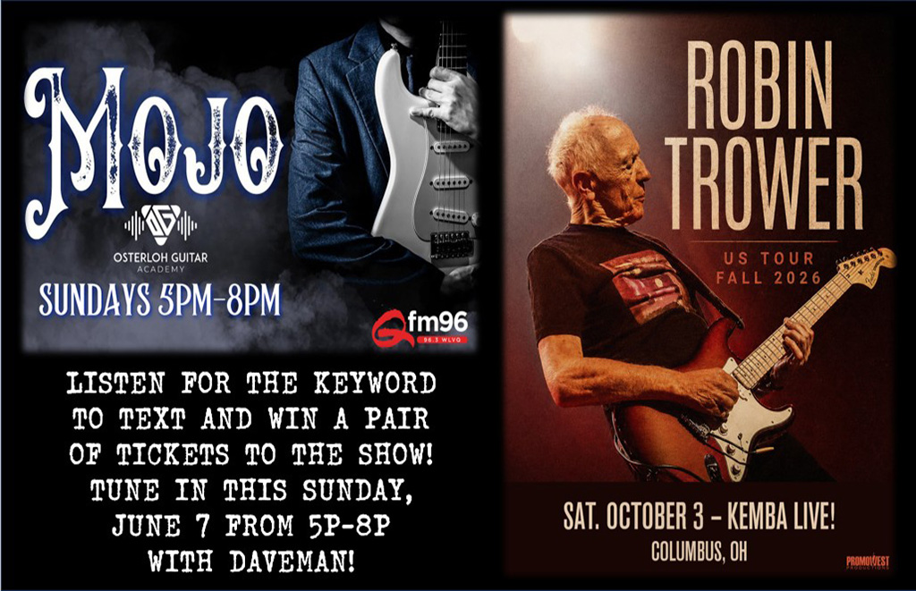 Split concert poster: left side Mojo gig info with white text; right side Robin Trower US tour poster with guitarist on red electric guitar.