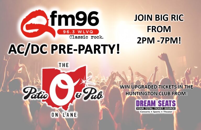 FM96 poster advertising AC/DC pre-party with 96.3 WLVRQ logo and event details: join Big Ric 2–7 PM, venue info visible on right side.