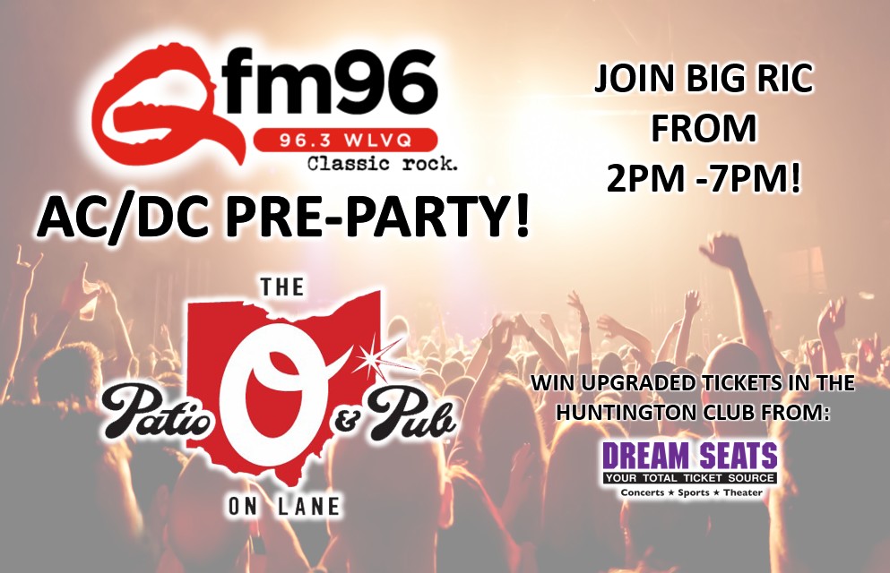 FM96 poster advertising AC/DC pre-party with 96.3 WLVRQ logo and event details: join Big Ric 2–7 PM, venue info visible on right side.