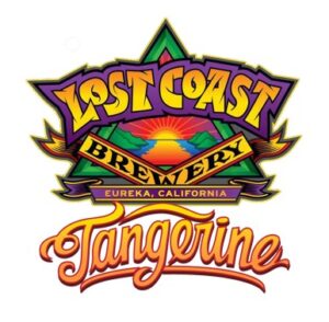 Logo for Lost Coast Brewery Tangerine beer, featuring a colorful crest with sun and mountains, a banner reading 'Brewery', and bold orange 'Tangerine' script.