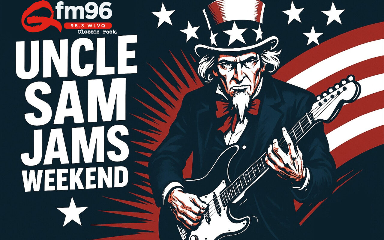 Uncle Sam Jams Weekend poster featuring a guitarist in front of a waving American flag backdrop and fm96 logo at top left, bold white text on dark blue.