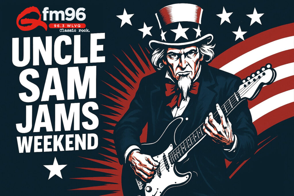 Uncle Sam Jams Weekend poster featuring a guitarist in front of a waving American flag backdrop and fm96 logo at top left, bold white text on dark blue.