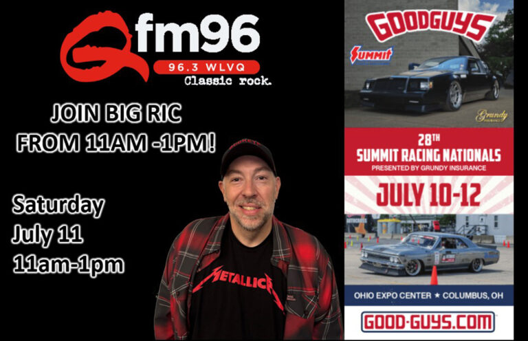 Radio promo collage featuring the FM96 logo and event text 'Join Big Ric from 11am-1pm' with a man in a black Metallica shirt center; right panel shows Goodguys racing banner for July 10–12 and cars.